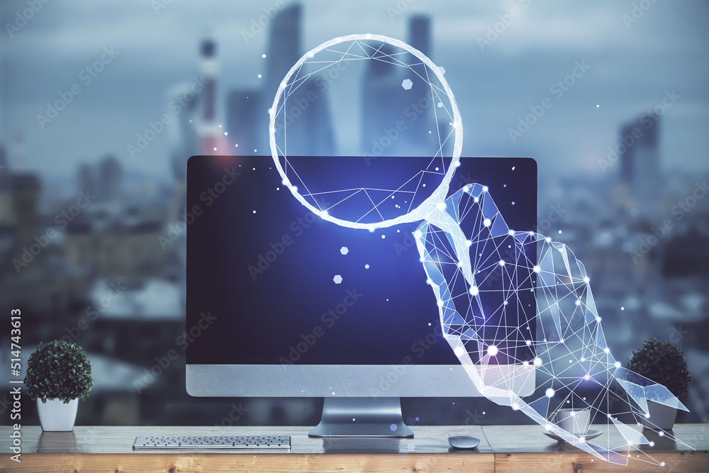 Poster Desktop computer background in office and start up theme hologram drawing. Double exposure. Startup concept.