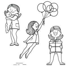 Set of young girls daily holiday activities lifestyle. Vector hand drawn illustration. 
Teenager cute girl with cat, the girl with present gift box, girl flies on ballons isolated on white.