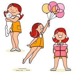 Set of young girls daily holiday activities lifestyle. Vector colors hand drawn illustration. 
Teenager cute girl with cat, the girl with present gift box, girl flies on ballons isolated on white.