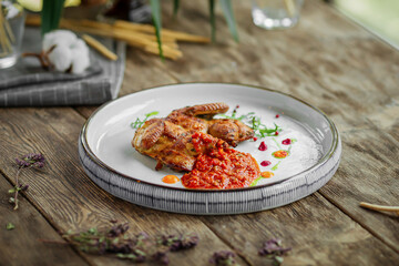 Portion of roasted tobacco quail with pepper sauce on wooden background