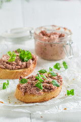Healthy and delicious bruschetta with fegatini and parsley for breakfast.