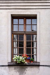 Fototapeta na wymiar Old wooden window frame with flowers in the town