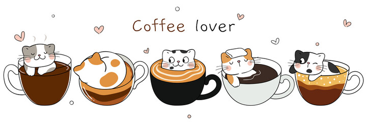 Draw cute cats Coffee lover concept Doodle cartoon style