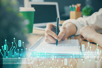 Multi exposure of writing hands on background with data solution hologram. Technology concept.