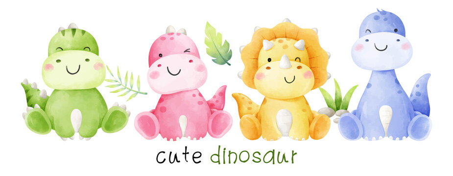 Draw banner baby dinosaur Dino for kids Watercolor style