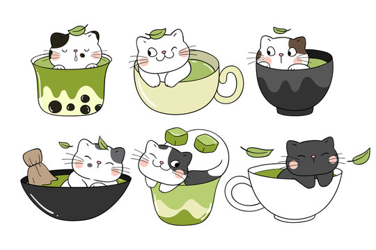 Draw collection matcha cats in cup Green tea concept