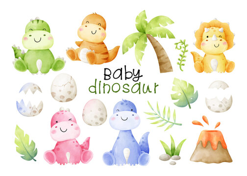 Draw vector illustration character collection baby dinosaur Dino for kids Watercolor style