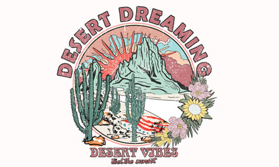 Fototapeta na wymiar Arizona desert vibes graphic print for fashion and others. Desert dreaming artwork. Cactus with sunflower. usa flag.
