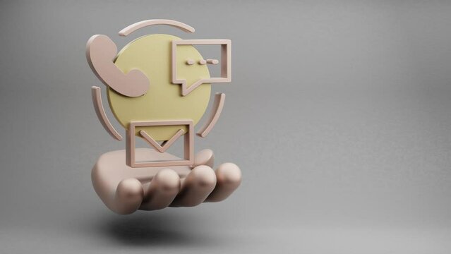 Beautiful abstract illustrations Golden Hand Holding Customer Support chat, mail, call symbol icon on a grey background. 3d rendering illustration. Online Shopping.	Loops video.