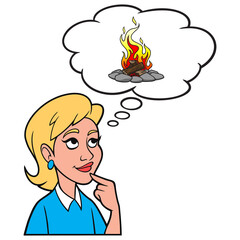 Girl thinking about a Campfire - A cartoon illustration of a Girl thinking about a Campfire.