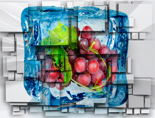 Red grapes frozen in an ice cube. Digital illustration. 3d image. Wallpaper on the wall.