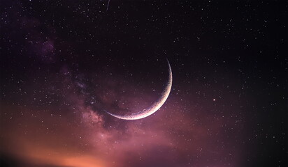 Fototapeta na wymiar sunset light moon on blue starry cloudy sky nebula cosmic planet universe