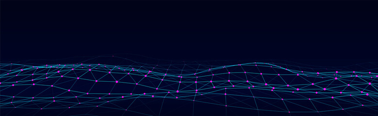 Abstract technology wave of particles. Big data visualization. Vector background with motion dots and lines. Artificial intelligence.