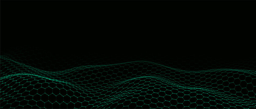 Futuristic vector hexagon wave. Dark cyberspace. Abstract wave with dots and line. White moving particles on background.