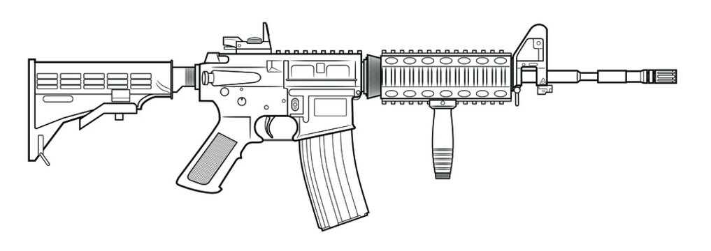 Vector drawing of an M4 assault rifle with adjustable stock, collimator and vertical foregrip on a white background.