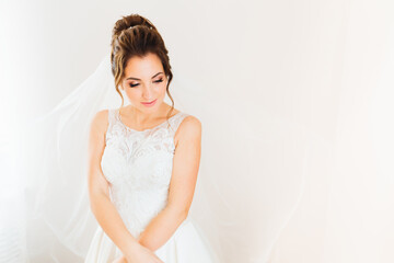 bride in white dress and bridal veil on the background of the wa