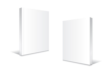 Blank white standing softcover thin books or magazines mockup template. Isolated on white background with shadow. Ready to use for your business. Realistic vector illustration.