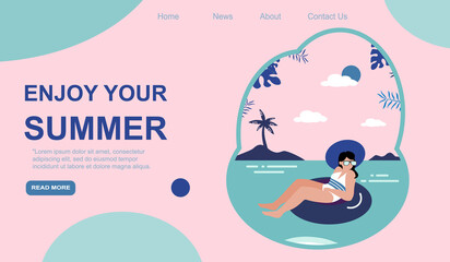 Summer vacation web banner interface with girl floating on lifebuoy in sea, flat vector illustration. Landing or presentation page template with woman enjoying sun. EPS