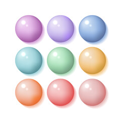 Glossy solid pastel rainbow colours of spheres, candies, buttons, balls or badges mockup template. Isolated on white background with shadow. Realistic vector illustration.