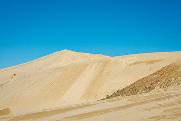 Fototapeta na wymiar Diagonal lines and clear colours make a desert-like landscape out of the Giant sand dunes, Te Paki in Northland, New Zealand