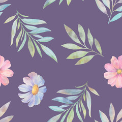 Fototapeta na wymiar Flowers and leaves painted in watercolor for design, wallpaper, wrapping paper. Abstract seamless pattern.