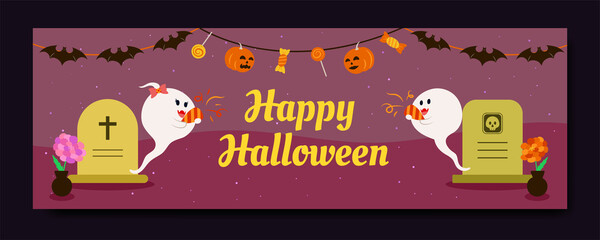 Cute Spooky ghost Celebrating Happy Halloween Party banner design. Treat or trick, tomb, hanging flag bat, pumpkin. Vector illustration.