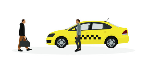 Male character with a bag in hand goes to a taxi on a white background