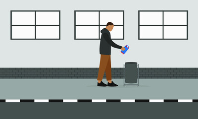 Male character throwing a carton of milk or juice into a trash can on the sidewalk