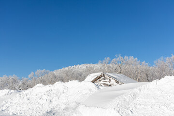 冬の志賀高原、雪に埋もれた小屋