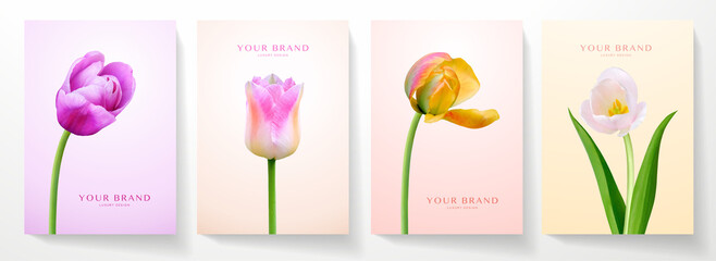 Summer cover design set. Red, purple, white tulip flower on colourful background. Elegant vector template for wedding invitation, summer sale, holiday celebration for womens day