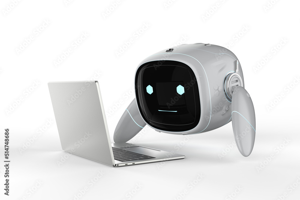 Poster cute assistant artificial intelligence robot no leg with computer notebook
