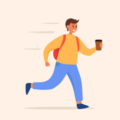 People template set for education, business, online shopping, project management. Young confident business man drinking coffee and walking in hurry. Worker rushes to work.
