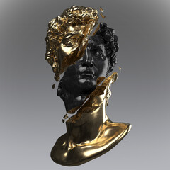 Abstract illustration from 3D rendering of a gold and black marble bust of male classical sculpture broken in three pieces and tiny fragments isolated on gray background.