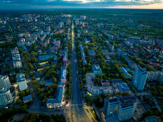 Night panoramic cityscape of Vladimir city. City streets in the evening illumination. View of the city center