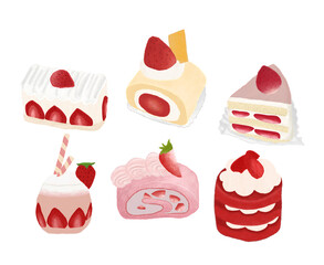 Set of drawing strawberry bakery and beverage. Cake, Rolls, Milkshake for decoration.