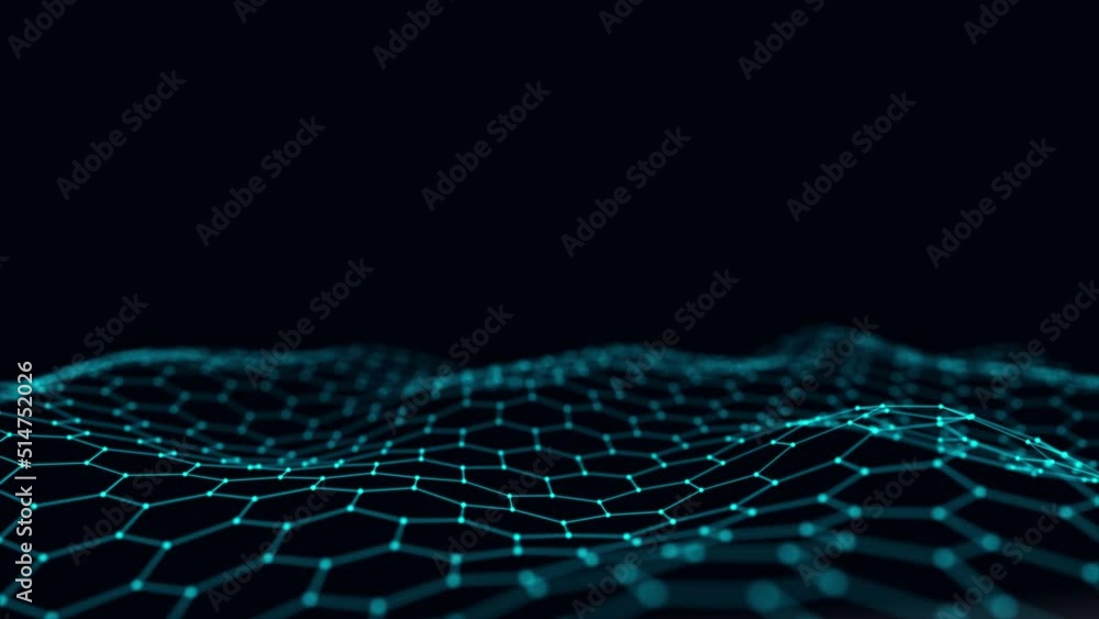Poster digital technology hexagon wave. dark cyberspace with blue motion dots and lines. futuristic digital