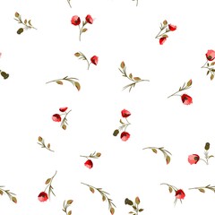 Red poppies are scattered on a white background.