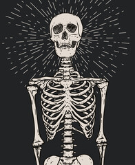 Human skeleton standing with rays of light