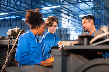 Engineer senior asian man and african woman wearing safety helmet working and checking machine ...