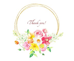 Floral wreath with lilac flowers and summer flowers , watercolor illustration