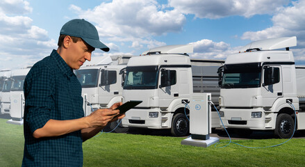 Fleet manager with a digital tablet stands next to electric trucks at electric vehicle charging...