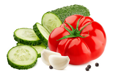 tomato, garlic, black peppercorn isolated on white background, clipping path, full depth of field