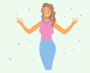 Cartoon character of a woman smiling and making a good gesture. Flat vector design. Happy successful girl raises her hands celebrating success. Concept of human emotions, positive mood, body language