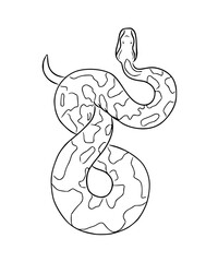 Linear hand-drawn snake icon. Vector python, curled up in a crouch. Black and white illustration of a reptile 