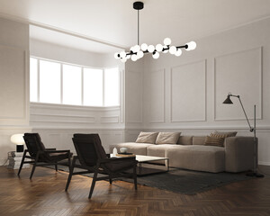3d Illustration
Rest area with a large light colored sofa. Molded walls, rustic style. Ziga zag shaped parquet detail. design lamps