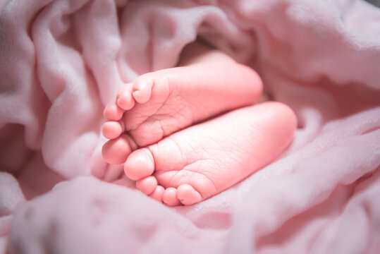 Close up and burred soft images, Feet of 7-day-old Asian baby newborn on pink blanket, which has pink skin, to child and baby newborn concept.