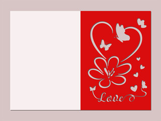 Postcard Love with heart and butterflies. Card cover with cut out design