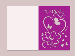 Birthday card with heart and butterflies. Card cover with cut out design