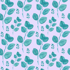 Watercolor seamless pattern with turquoise eucalyptus on a mauve background. Repetitive, wedding,textural hand painted print. Design for textiles, fabric, wrapping paper, printing.