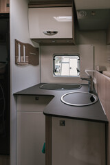 Interior view of the kitchen of the motor home